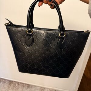 Gucci Black Embossed Leather Tote with Gold-Tone Accents
